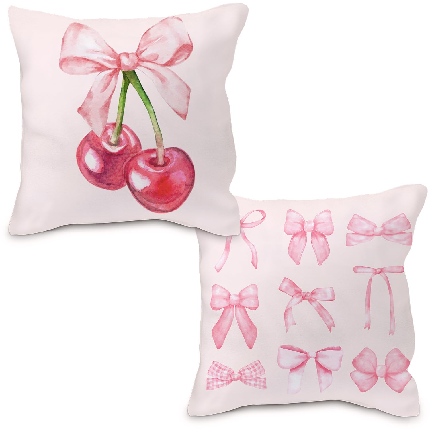 Nvotell Pink Cherry Decorative Pillow Covers Set of 2 - Preppy Bowknot Cases 18x18, Couch Covers, Coquette Room Decor, Bow Covers for Living Room Sofa
