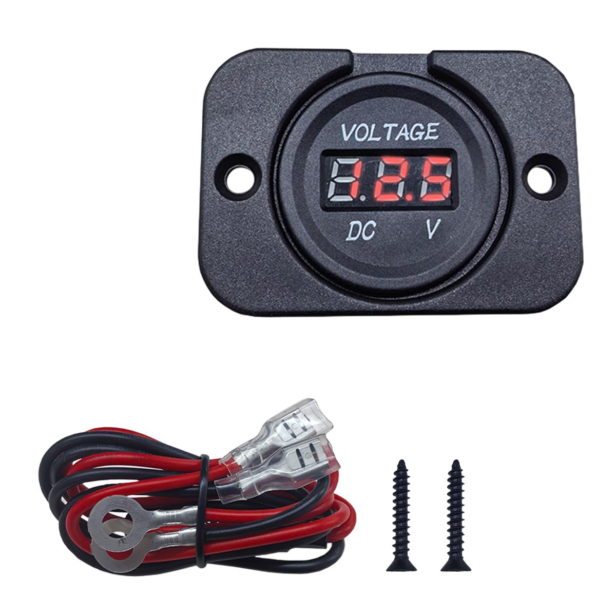 Car Battery Voltage Meter, DC 12V 24V Waterproof Battery Monitor, LED Digital Display Voltage Tester Gauge Meter with Terminal, Round Panel Voltage Gauge for Car UTV ATV Boat (Red)