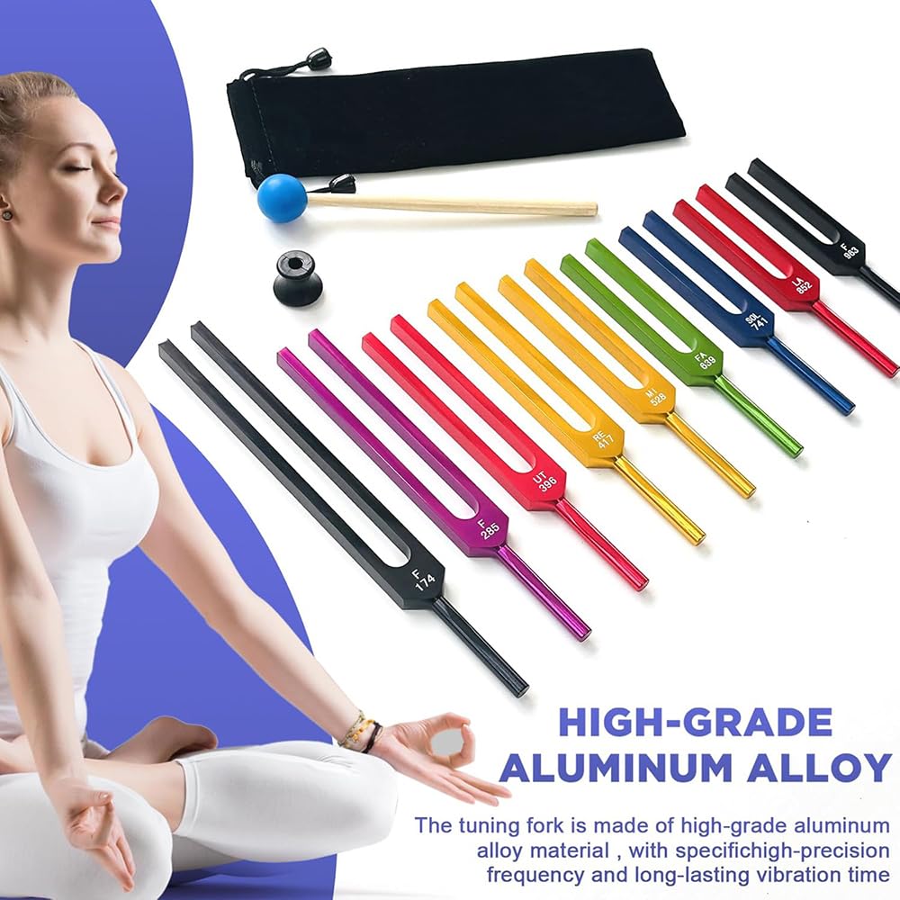 NEWFUN Stimmgabel,Stimmgabel Neurologie,10er Set (174 Hz, 285 Hz, 396 Hz, 417 Hz, 432 Hz, 528 Hz, 639 Hz, 741 Hz, 852 Hz, and 963 Hz), für Klangtherapie Gewichtete Stimmgabel Geeignet Meditation