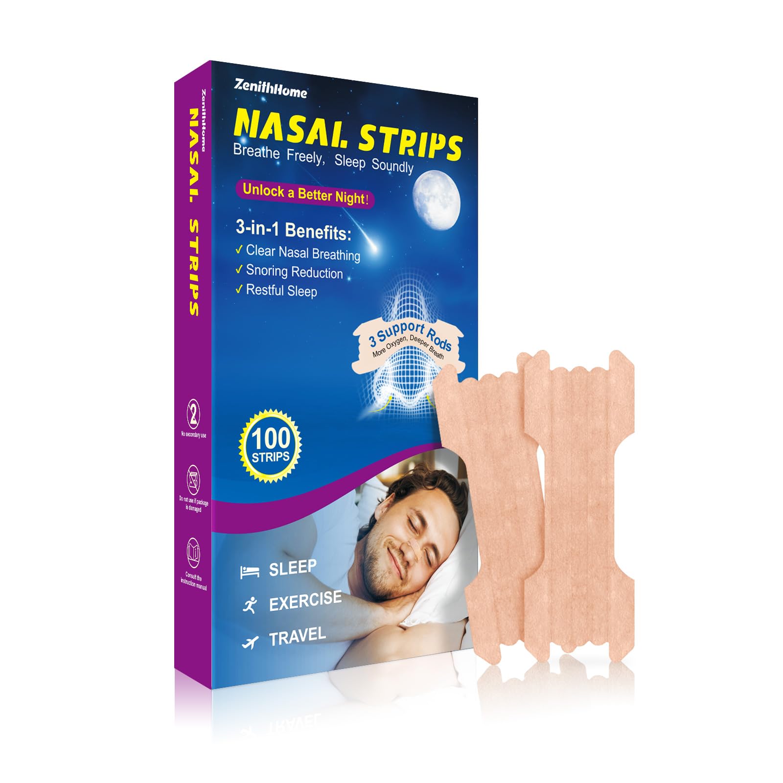 ZenithHome Nasal Strips for Snoring 100 Count Extra Strength Nose Strips for Breathing Anti Snoring Devices for Sports