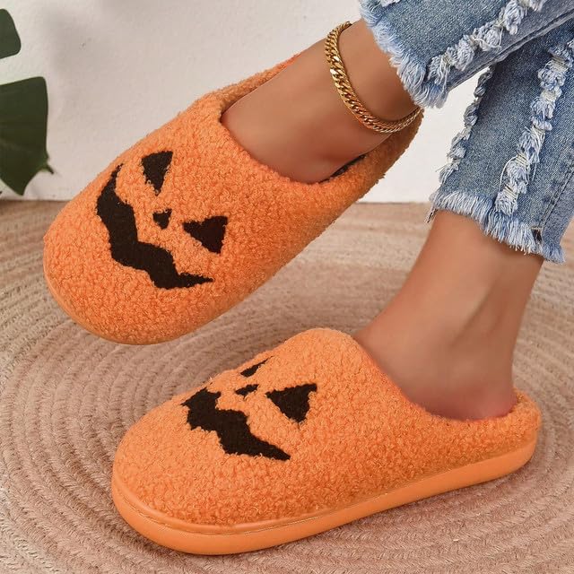 Feionusin Halloween Pumpkin Slippers for Womens Mens Plush Warm Spooky Lantern Pumpkin Slippers Fuzzy Cozy Winter House Bedroom Slippers Halloween Gifts2