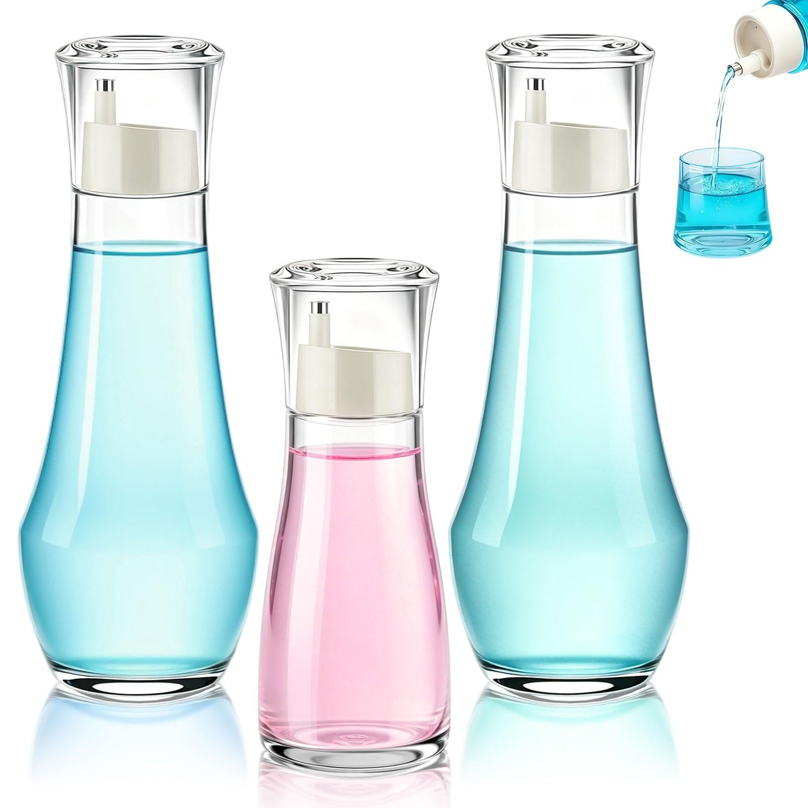 Prebarfun Glass Mouthwash Dispenser for Bathroom 8.8 oz & 5.07 oz Mouth Wash Container Bottle with Cups, Clear Refillable Liquid Bathroom Bottles for Countertop, Stickers