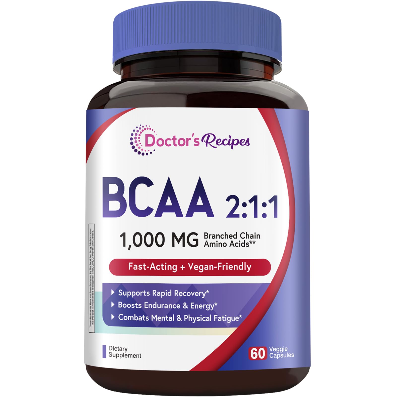 Doctor's Recipes BCAA 1000 mg, 2:1:1 Ratio, L-Leucine, L-lsoleucine, L-Valine, Branched Chain Amino Acids, Fast Recovery, Endurance, Energy, Vegan, 60 Capsules 60 Count (Pack of 1)
