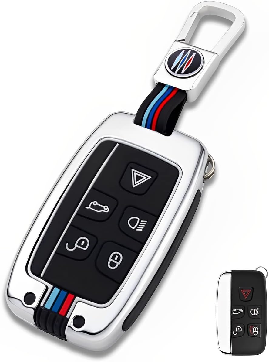 for Land Rover Key Fob Cover Case Metal Shell Smart Key Holder Compatible for Range Rover Sport Discovery LR4 Evoque Velar (LRB-Silver)