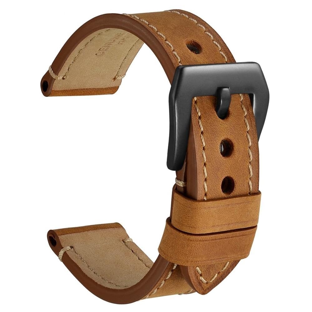 Bracelet de Montre en Cuir et Daim Marron 18 mm, 20 mm, 22 mm, 24 mm, Bracelet Vintage, Boucle en Acier Inoxydable(Light Brown-Black)