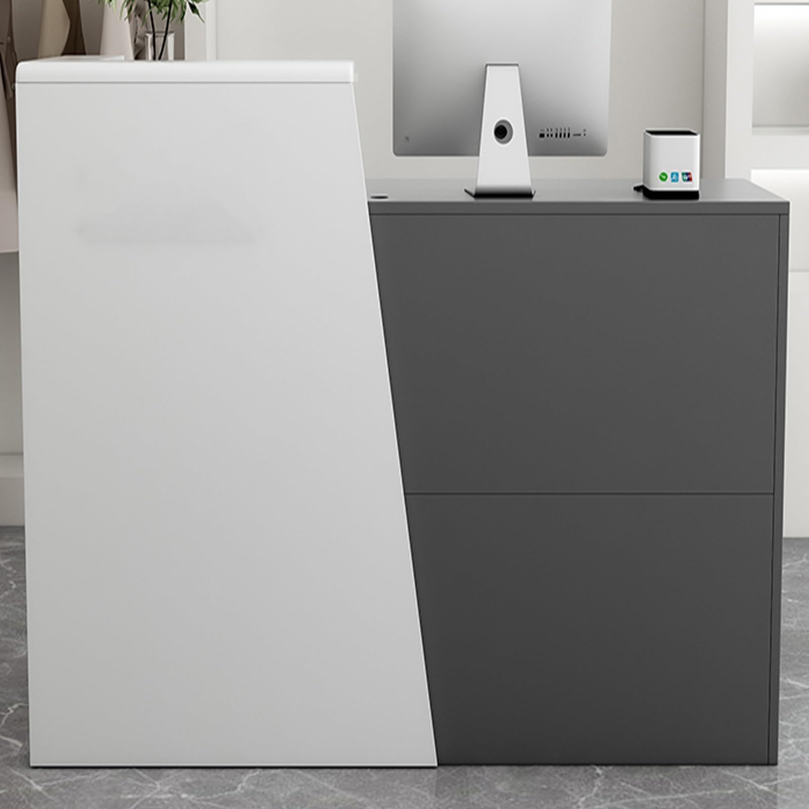 Nowoczesna recepcja z blatem, stół detaliczny z szufladą i szafką, idealne do salonów, sal imprezowych i kas, długość 140 cm