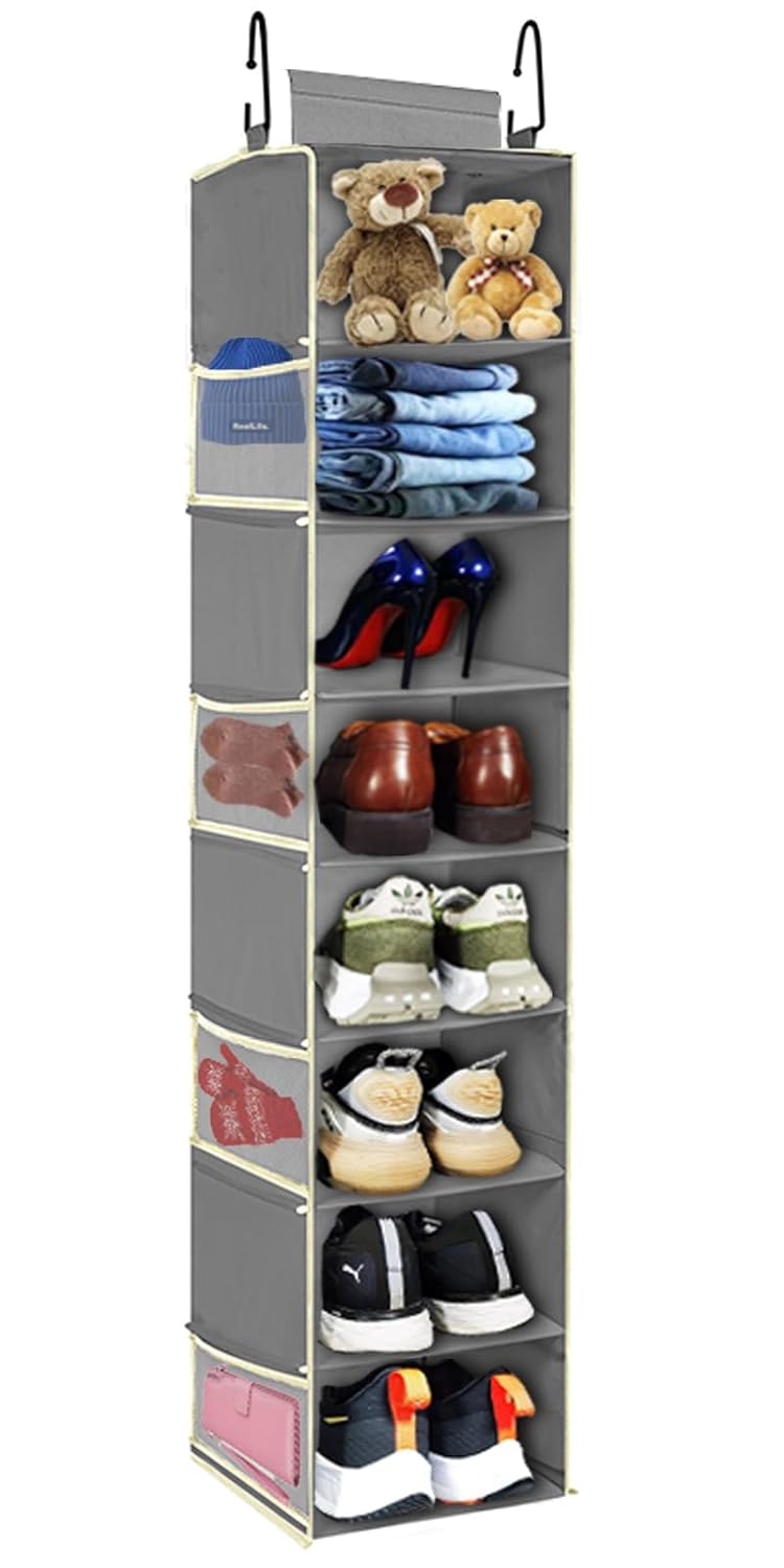 roomtalk Large-Sized Hanging Shoe Organizer 8-Shelf Hanging Closet Organizer with 8 Side Pockets Wider Hanging Shelves for Storage