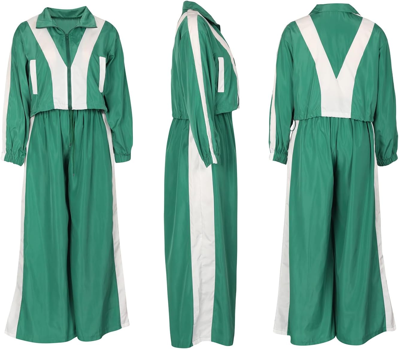 Women Sweatsuits 2 Piece Outfit Color Block Crop Zipper Tops & Elastic Waist Wide Leg Pants Sets Streetwear Tracksuit - Image 6