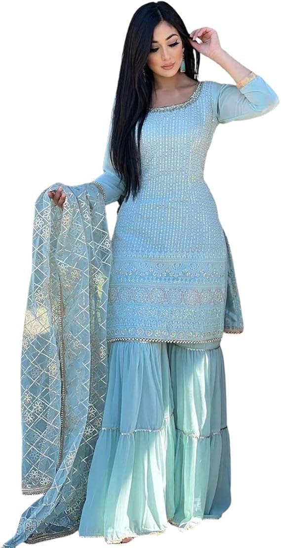 Beautiful Chinnon Punjabi Style Sharara Suit For Women Ready To Wear Salwar Kameez With Dupatta