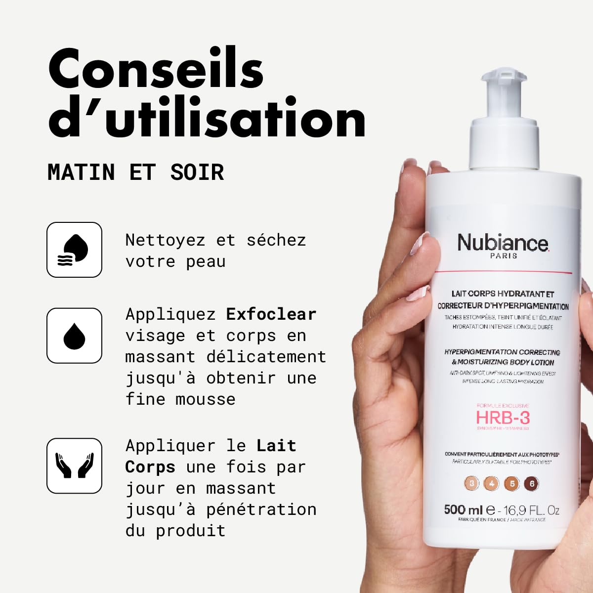 NUBIANCE - Pack Duo Visage & Corps - Lait Corps Anti-Taches & Hyperpigmentation + Exfoclear Gel Exfoliant Abricot - Soin Peaux Sèches, Mixtes, Grasses - Hydratation, Souplesse, Teint Uniforme