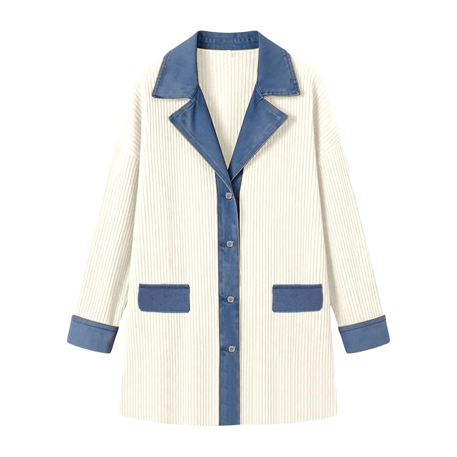 FUPODD Damen-Mäntel Übergang Jeansjacke Patchwork Strickjacke Mittellang