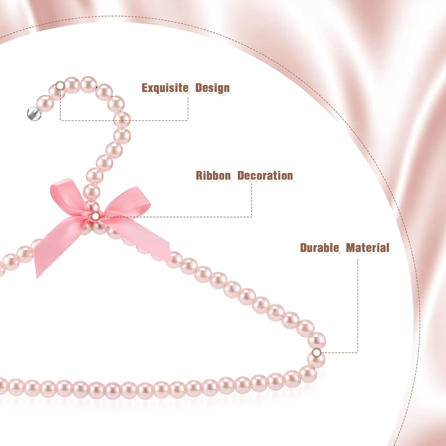 Threan Pink 6 Pcs Pearl Beaded Clothes Hanger Mini Pearl Beads Small Metal Clothes Hangers with Ribbon Standard for Kids Baby Children Pet Dog