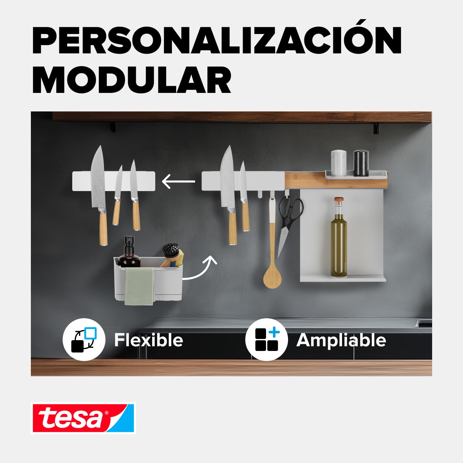 tesa Accesorios de Cocina, Barra Magnética para Cuchillos - Soporte Magnético y Autoadhesivo para un Almacenamiento Eficiente - con Adaptador, Montaje en Pared sin Taladrar - Blanco
