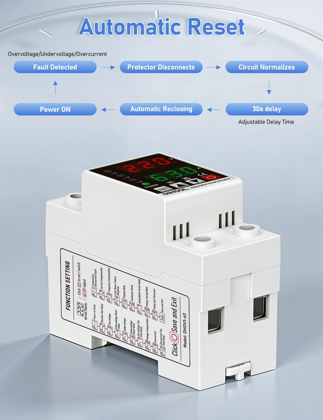 DIHOOL Smart Circuit Breaker with Adjustable Voltage Protection, 70-200V Low and 140-300V High Cutoff, 1-63A Overcurrent Protector, AC Disconnect Switch, DIN Rail Mount — Amazon image 7