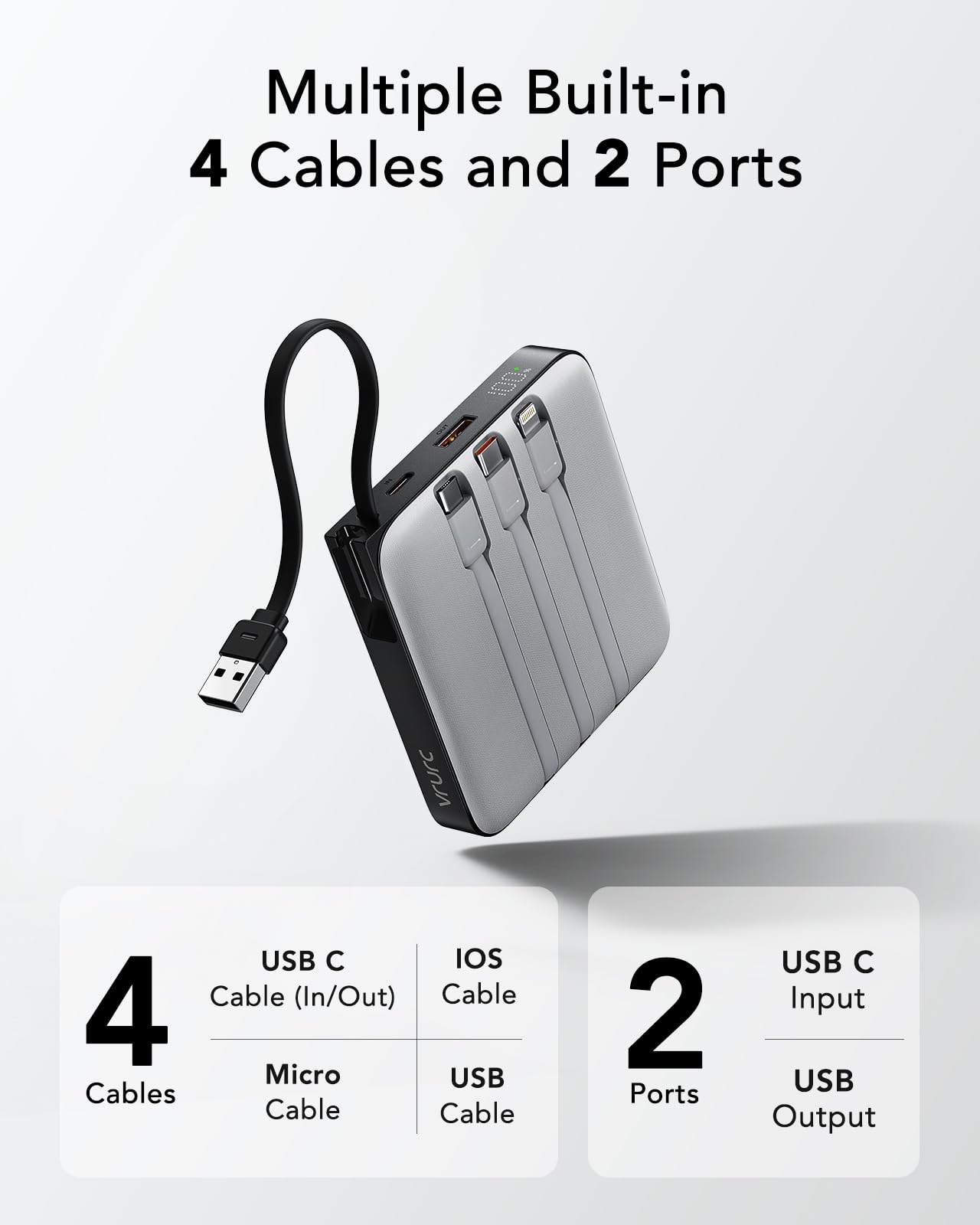 VRURC Power Bank - Batería externa (20000 mAh, 4 cables, carga rápida de 22,5 W) | Cargador portátil USB-C para teléfono móvil externo con indicador LED, batería QC3.0 para iPhone, Huawei, Samsung Smartphones