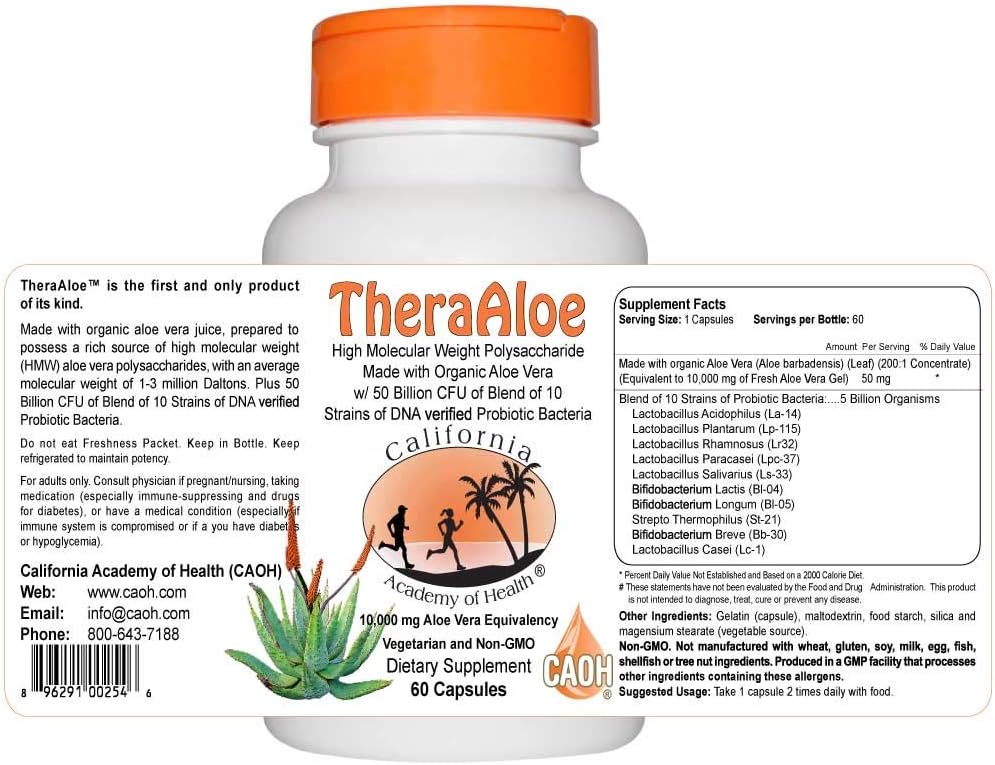 TheraAloe 200X High Molecular Weight Polysaccharide Organic Aloe Vera 60 Capsules