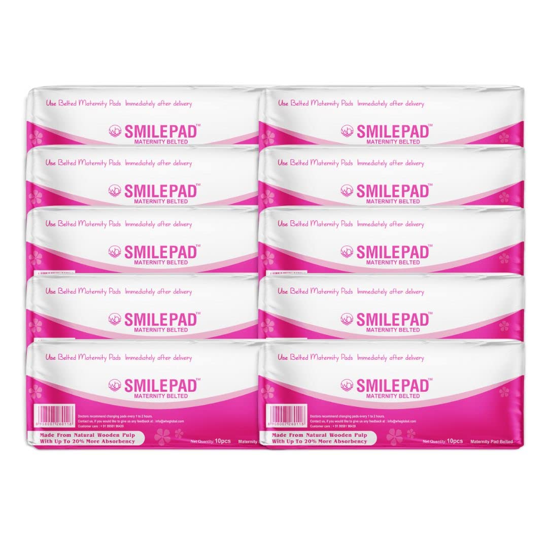 Smilepad Belted Maternity Pads After Delivery for Women | XXL Size, Quick Absorption up to 250ml, Combo Pack of 10 - (100 Pregnancy Pads) | 3 Layers Protection with Adjustable Elastic Belt for Hold Pad