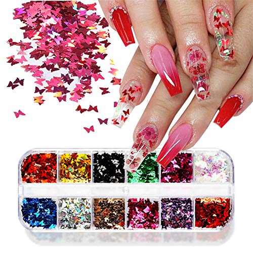 Conprasim 3D Holographic Butterfly Nail Glitter Sequins 12 Colors Nail Sequins Acrylic Paillettes, Colorful Nail Sparkle Sticker Decals Ultrathin Body Glitters for Decoration & DIY Crafting