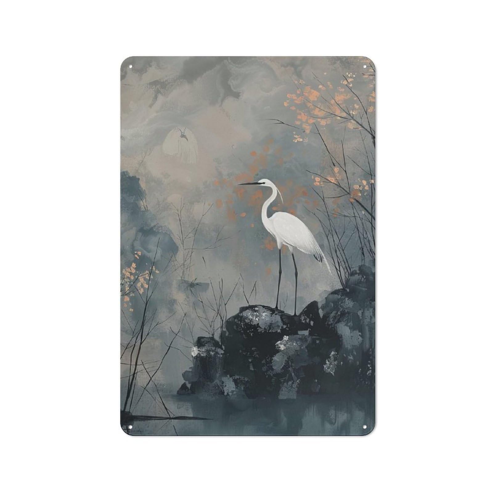 Junmoney White Heron In Misty Landscape Retro Metal Wall Decor 30X20cm, Decorative Tin Plaque For Pub, Home Bar, Shed Or Man Cave