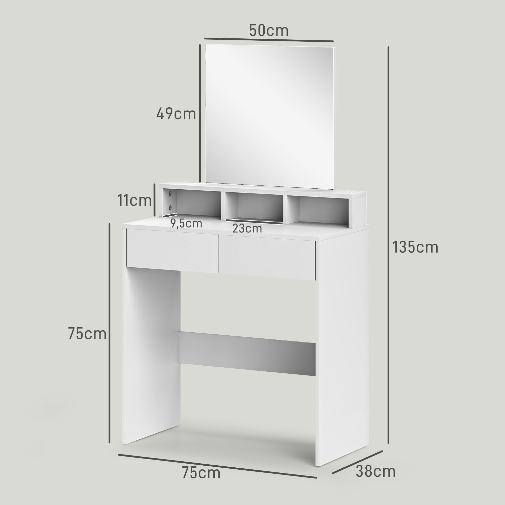 HOMCOM Tocador de Maquillaje con Espejo, 2 Cajones, 3 Compartimentos, 75x38x135 cm, Blanco
