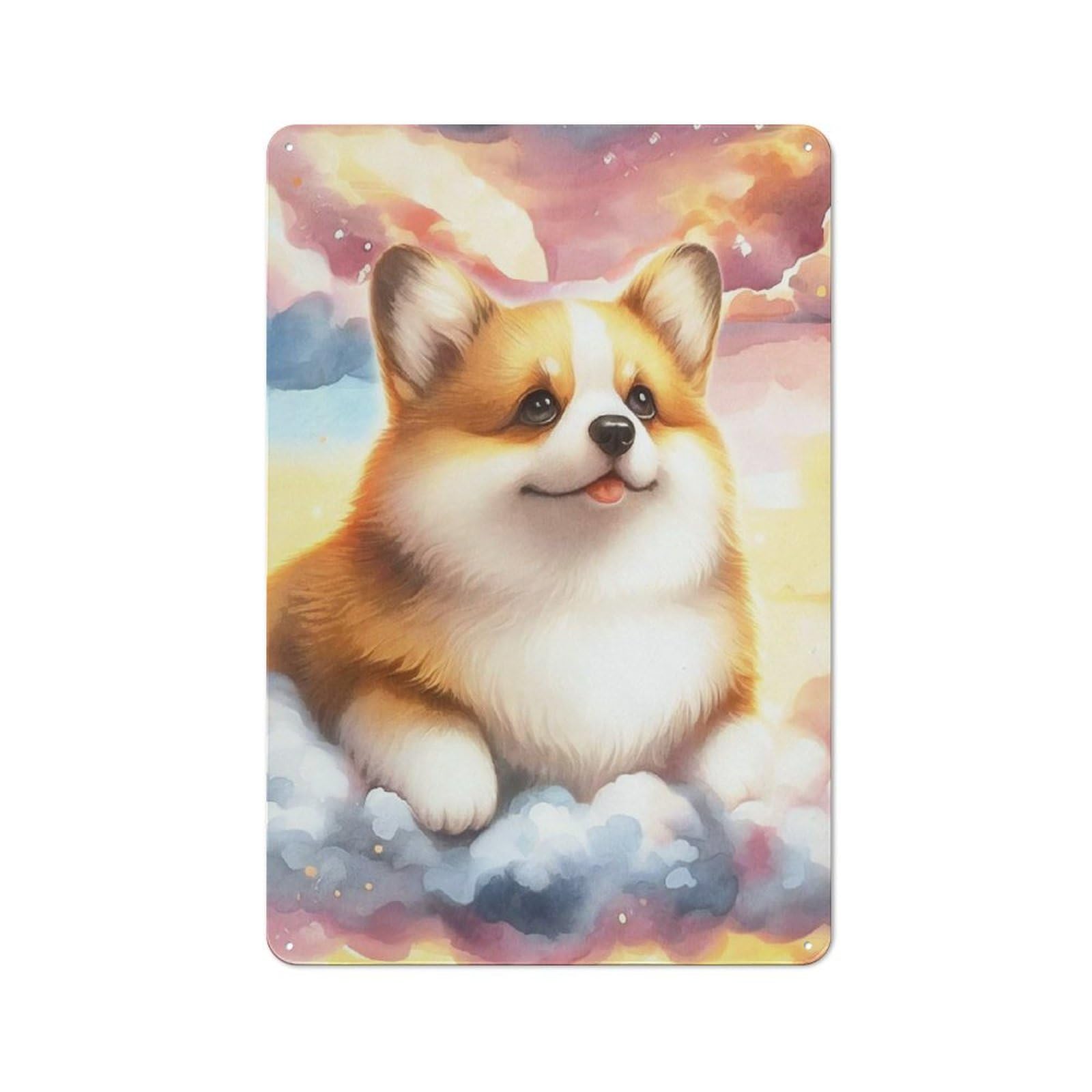 Junmoney Corgi In The Clouds Vintage Tin Sign 30X20cm, Old Fashioned Nostalgic Wall Art For Bedroom, Office, Home Bar Or Dining Room