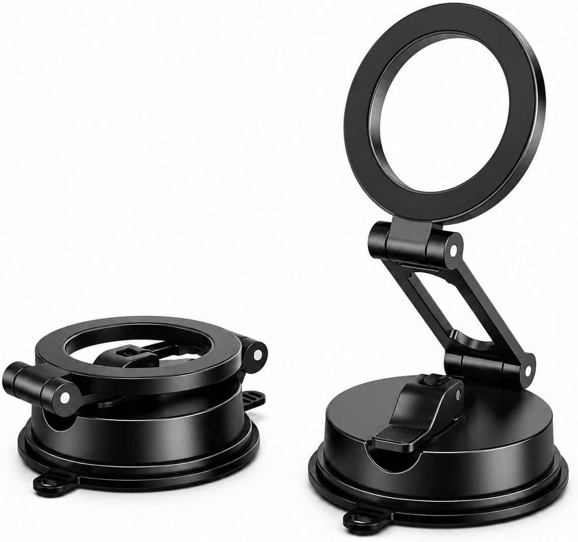 Magnetic Car Phone Mount for Dashboard Windshield - Heavy Duty MagSafe Compatible Holder with 20 N52 Magnets, Long Foldable Arm, 360° Rotation, Suction Cup Base for iPhone & Android