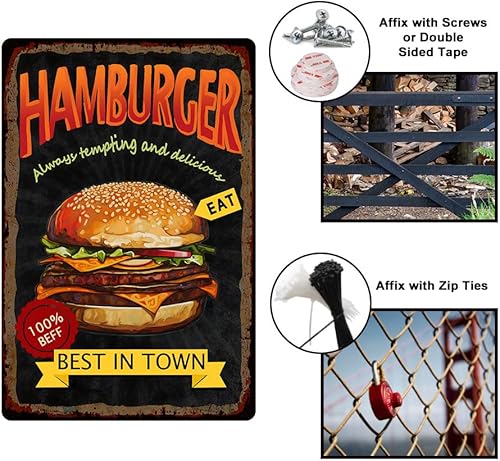 Miniatura 4 de Letrero de metal vintage de 8 x 12 pulgadas, letrero retro de hierro para hamburguesa, aspecto óxido, siempre tentador y delicioso, póster de lata