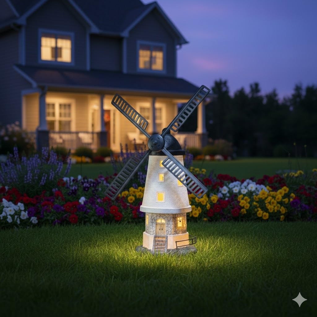 Bloomingtons Direct Solar Powered Windmill Decoration with LED Lights, Rotating Blades Light Up Windmill, Garden Decoration, Freestanding, Automatic ON/OFF Windmill Ornaments Yard, Lawn and Garden