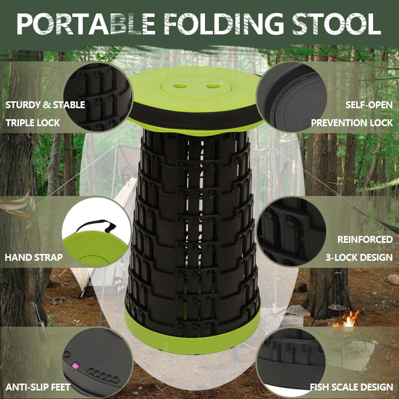 Image of JAEMEYEM 2 PCS Upgraded Collapsible Stool Chair, Max 660lb Folding Stool, Lightweight, Sturdy, Adjustable, Portable, Foldable Seat Stools for Outdoor Camping Fishing Hiking BBQ