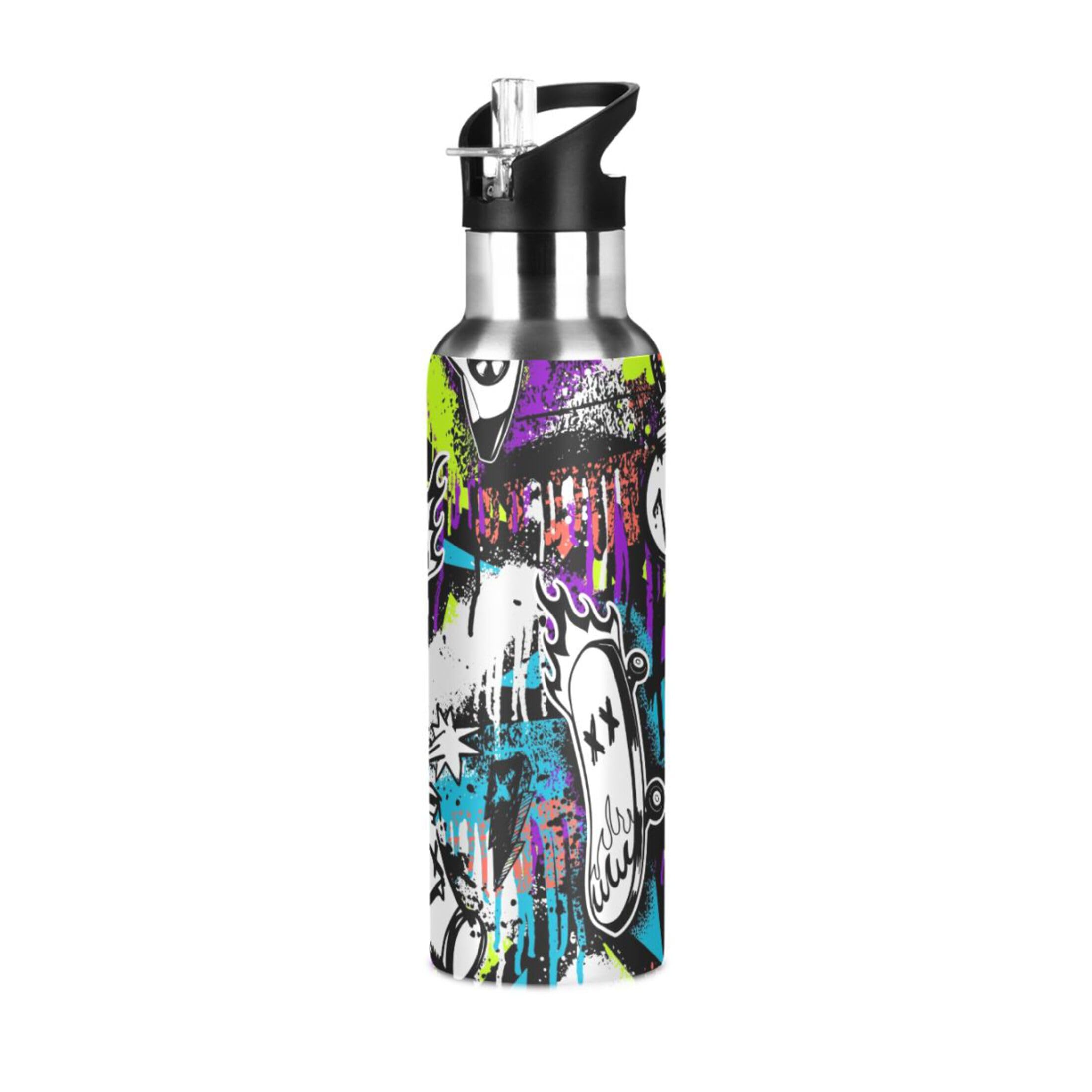 Sevdomey Graffiti Skateboard Cartoon Water Bottle with Straw Lid 32 oz,Stainless Steel Vacuum Insulated Water Bottle for Sports Cycling Hiking Gym School Home