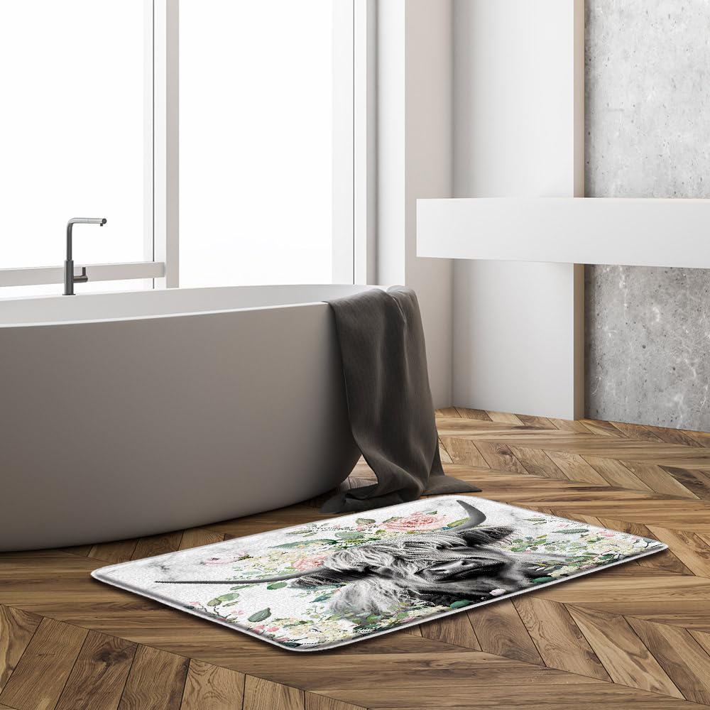 Farmhouse Highland Cow Bath Mat Western Funny Farm Animal Portrait of Longhorn Bull Pink Floral Rustic 24