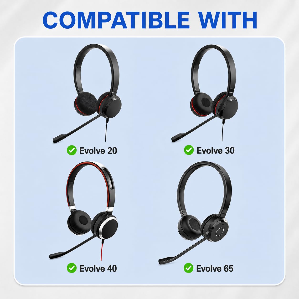 Almohadillas de repuesto para auriculares estéreo Jabra Evolve 20 30 40 65 con cable, cubierta de orejeras, cuero suave y almohadillas de espuma viscoelástica (no es compatible con Evolve2 30/Evolve2