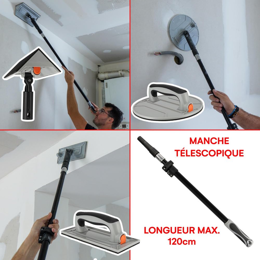 Kit ponçage plaquiste avec perche télescopique 1,2m - Ponceuse angle - circulaire - rectangulaire - détail - Feuilles abrasives
