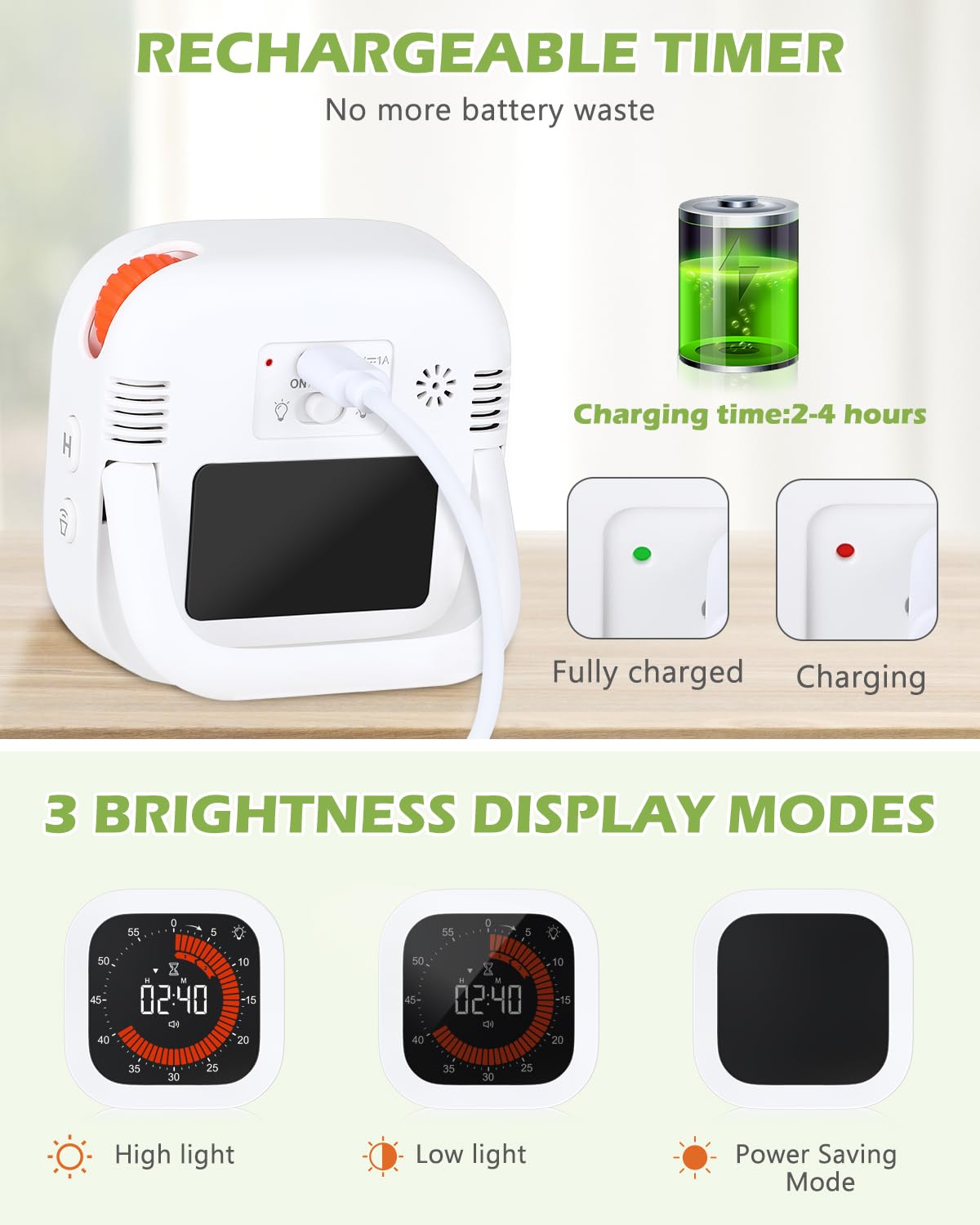 KeeKit Temporizador visual digital, temporizador de cuenta regresiva recargable con volumen y brillo ajustables, parte trasera magnética para cocina, gimnasio, estudio, temporizador para niños, para