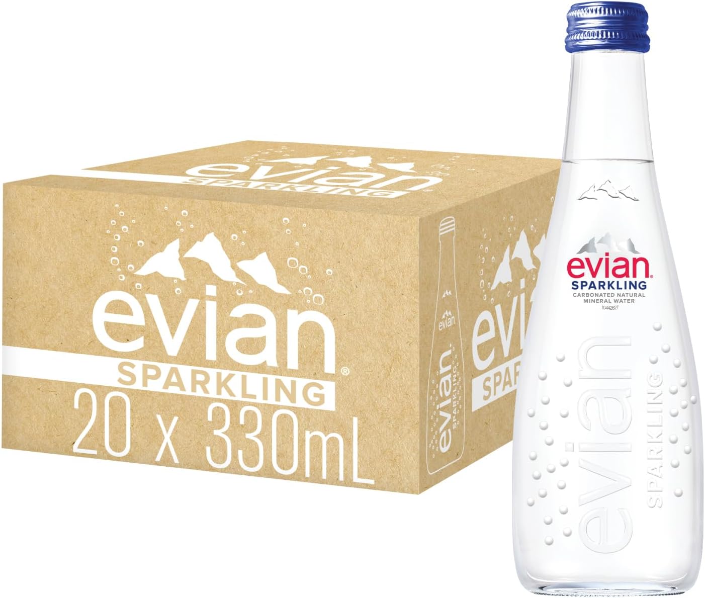 evian Sparkling Carbonated Natural Mineral Water 20 x 330ml , Case of 20 Bottles, Naturally Filtered Drinking Water, Crafted by Nature. Package may vary