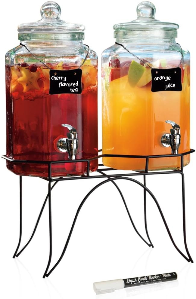 Durable Hexagon Design Twin Beverage Drink Dispenser on Metal Stand 1 Gallon Each