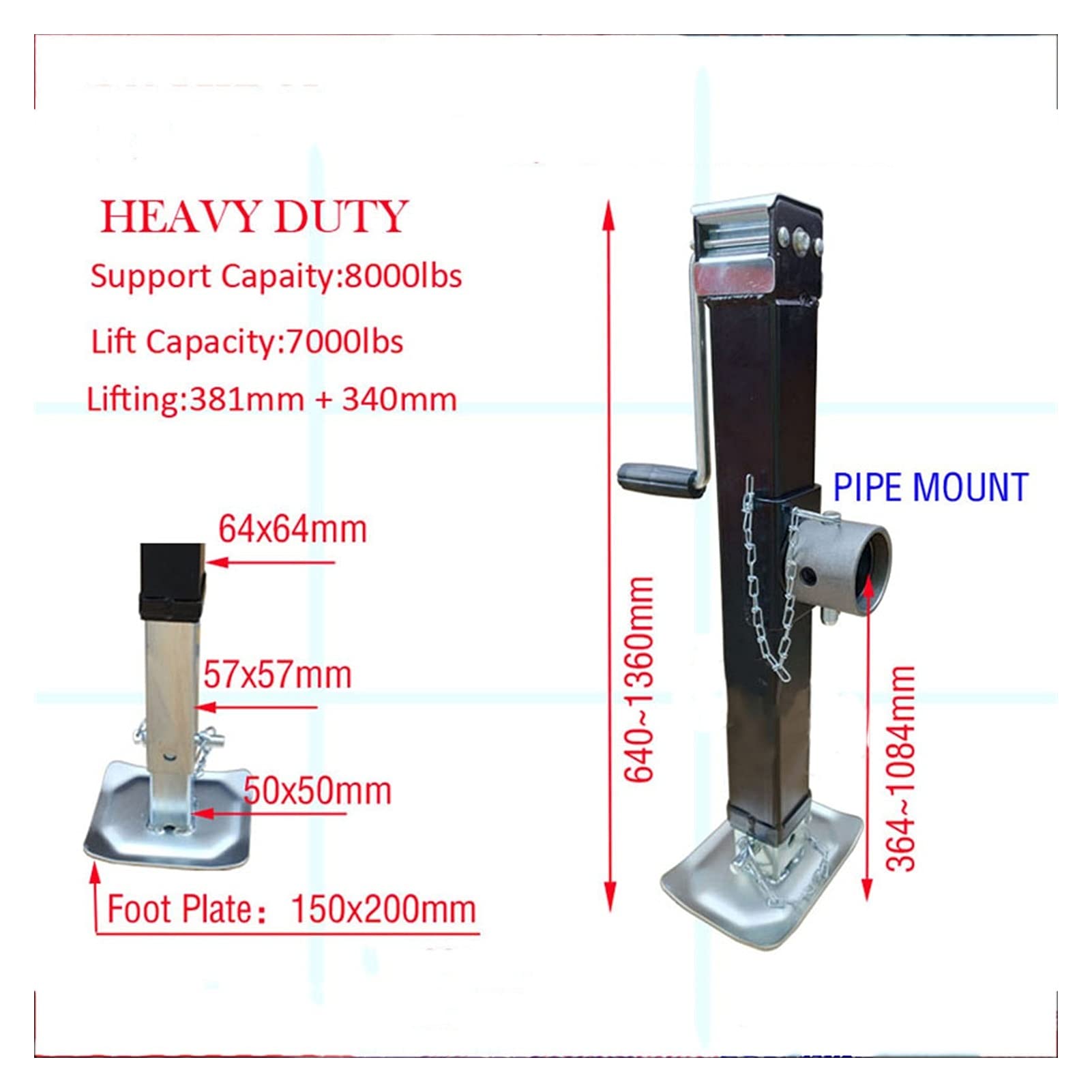 CKKNILV Floor Jacks Square Pipe Mount Jack with Footplate Heavy Duty Utility Boat Trailer Drop Leg Weld ON Jack Stand 7000lbs Side Wind Trolley Jacks