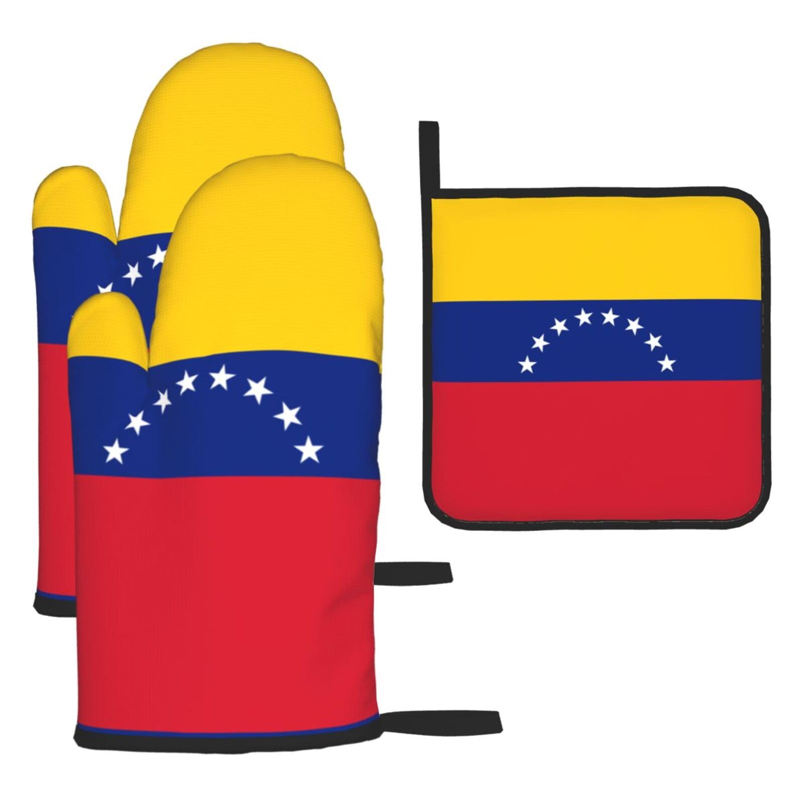 Flag of Venezuela Printed Kitchen Oven Mitt Set 3-Piece Heat Resistant Gloves with Pot Holder Mat for Cooking Baking BBQ