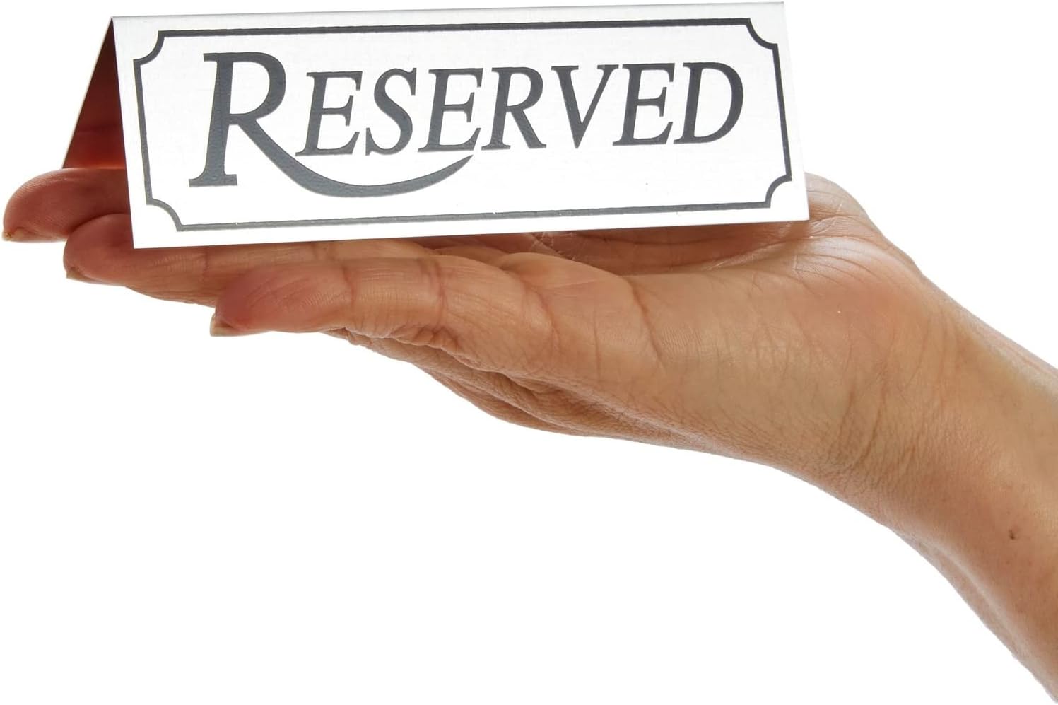 12-Pack Small Metal Reserved Table Signs for Restaurants, Dinner Parties, Bridal Showers, and Wedding Banquets, Anniversaries, Etched Silver Design (4.7x1.5 in)