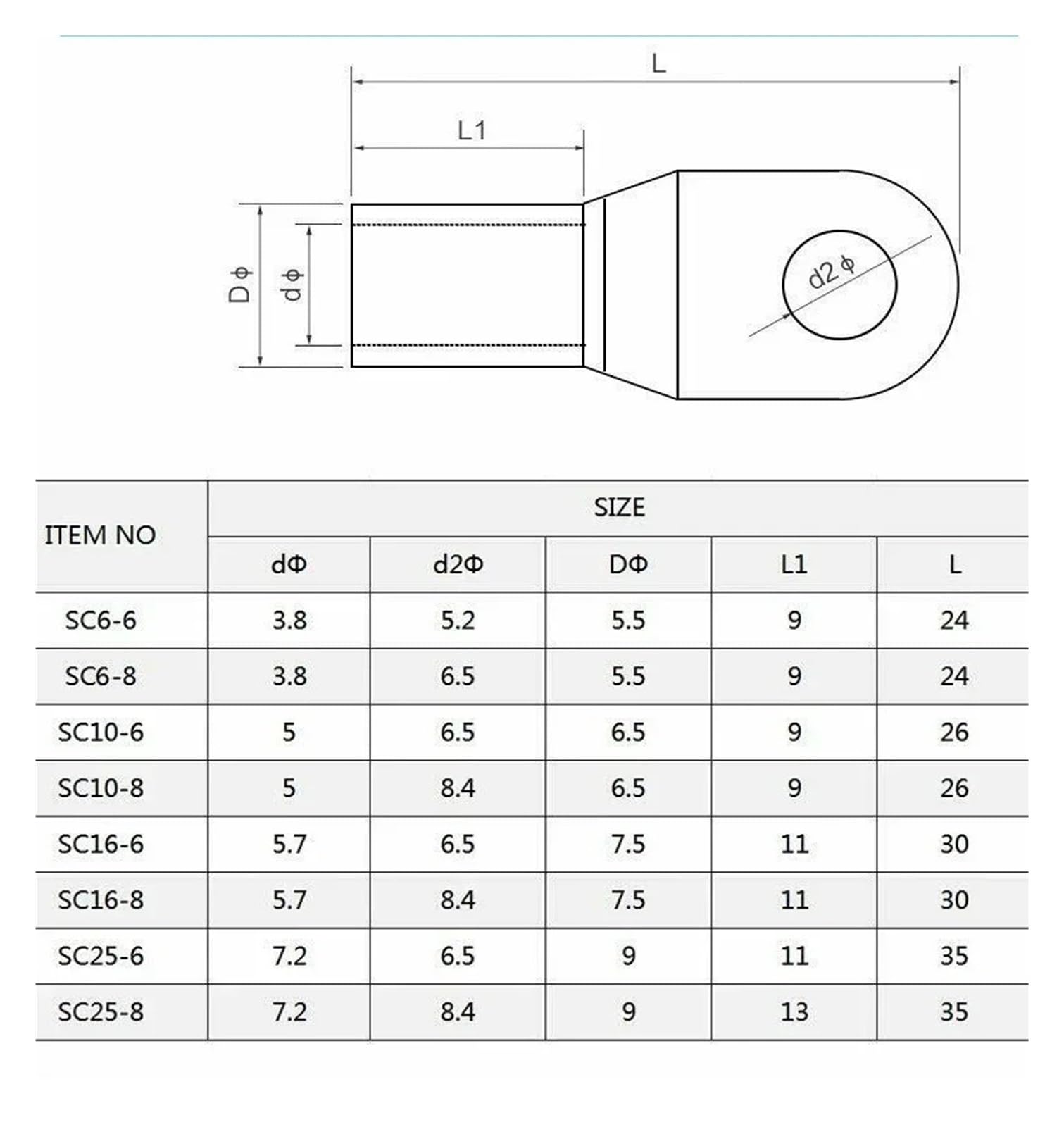 SC6 SC8 SC10 SC16 SC25 SC Type Borne à nez de fil Bloc de cuivre nu Cosses de câble Trou Connecteur à sertir 6 mm 8 mm 10 mm(SC10-10,100PCS_A)