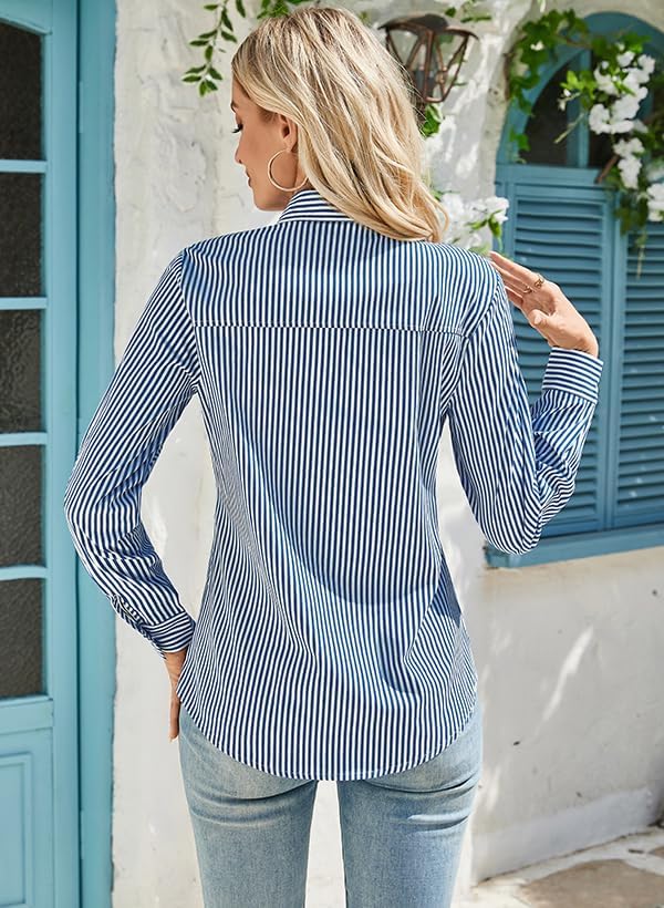 IBAOTORONI Women’s Striped Button Down Shirt Cotton Long Sleeve Collared Casual Work Stripe Blouse Tops with Pocket - Image 2