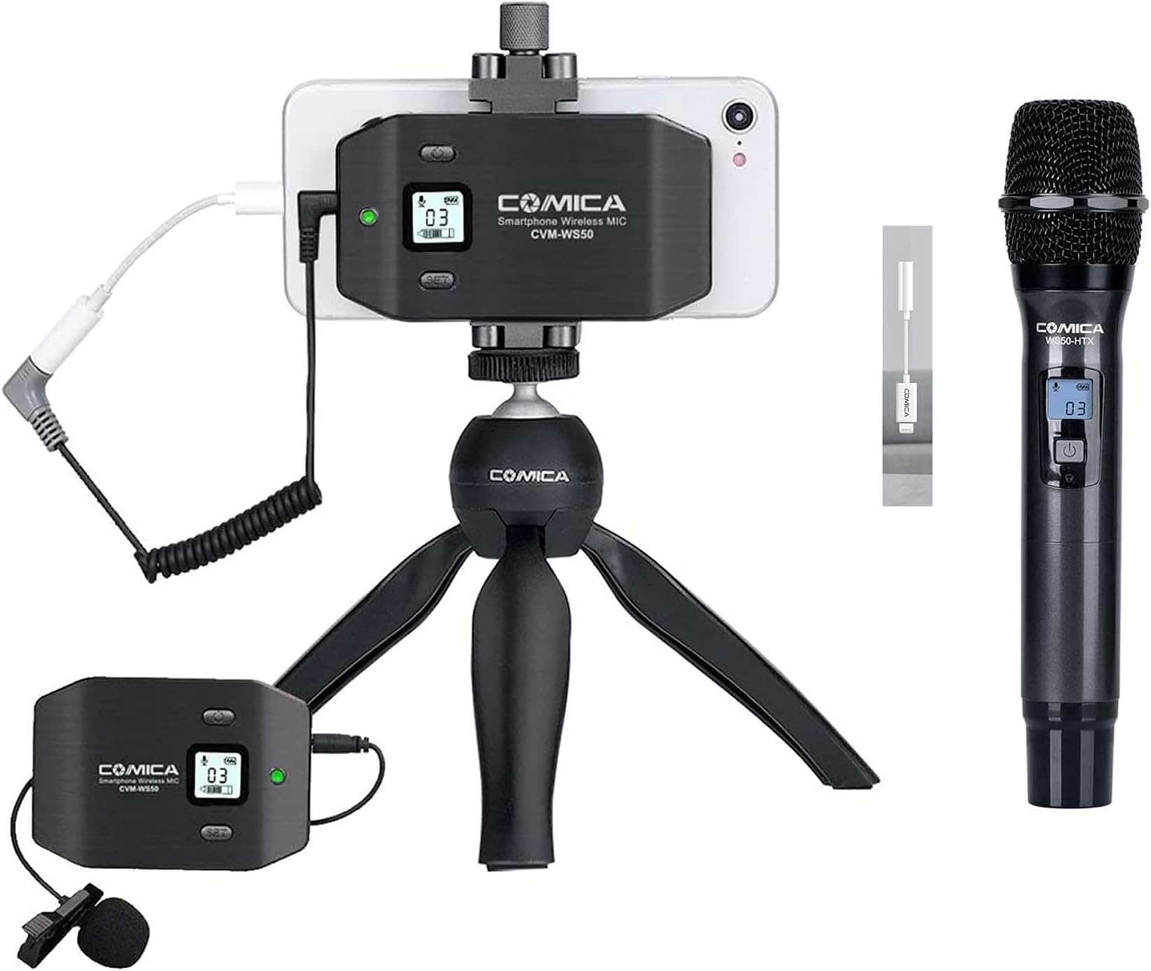 Comica CVM-WS50(C) Wireless Smartphone Lavalier Microphone System with WS50HTX Wireless Handheld Microphone and CVM-SPX-MI Microphone Cable, UHF 6 Channels, Microphone for iPhone Samsung Huawei
