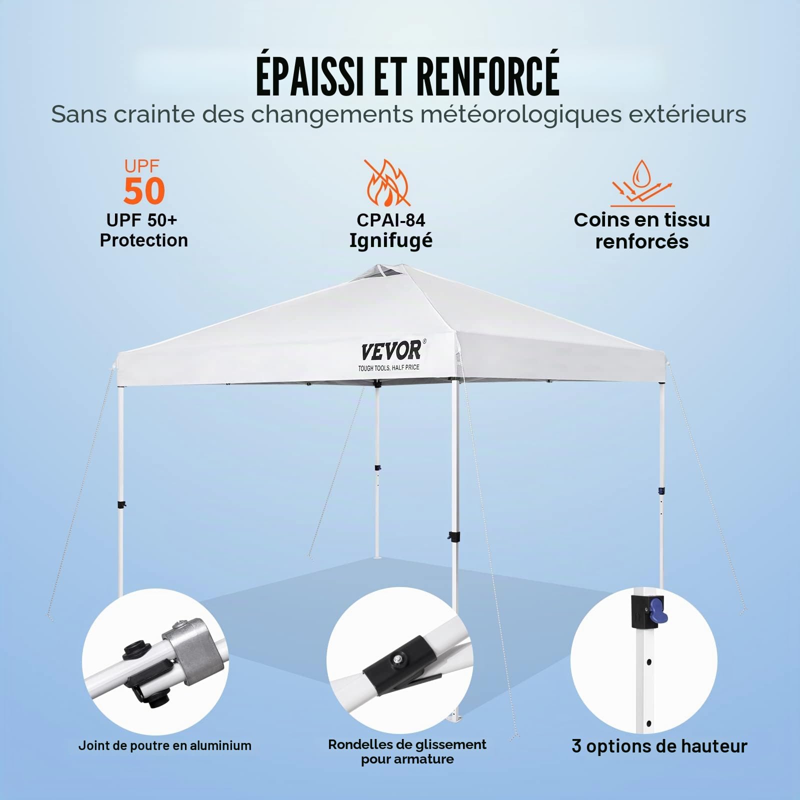 VEVOR Tonnelle Pop-up 304,8x304,8 cm Tonnelle Auvent Jardin Bâche Enduit Argenté PU 250D Sac à roulettes Portable 4 Sacs de Sable Abri Solaire Imperméable pour Plein Air, Plage, Fête, Camping, Blanc