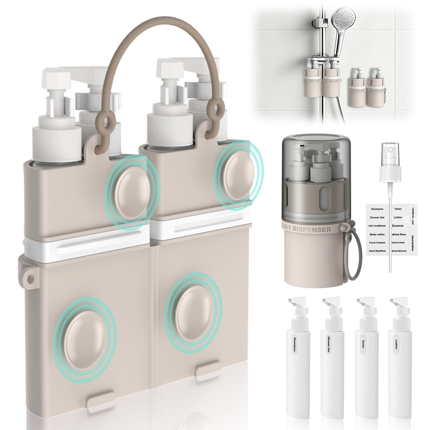 4 in 1 Travel Dispenser Bottle, Travel Toiletry Bottles with Suction Cups