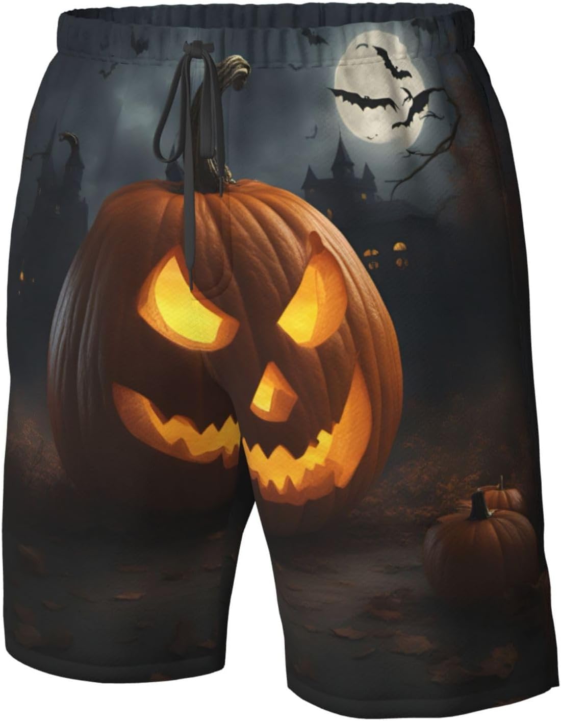 Mens Halloween Pumpkin Print Beach Shorts,Casual Summer Shorts for Men,Quick Dry Polyester