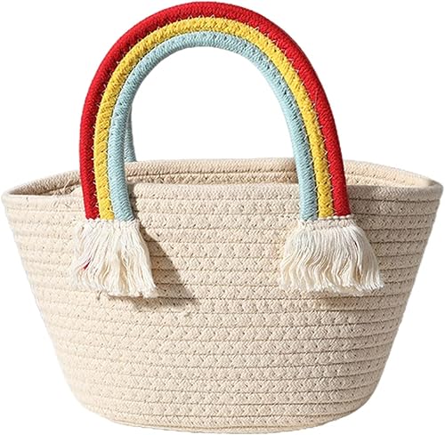 LUOZZY Cesta tejida con asa de arco iris, portátil, con borla, para guardería, juguetes, organización de libros (color de mango al azar)