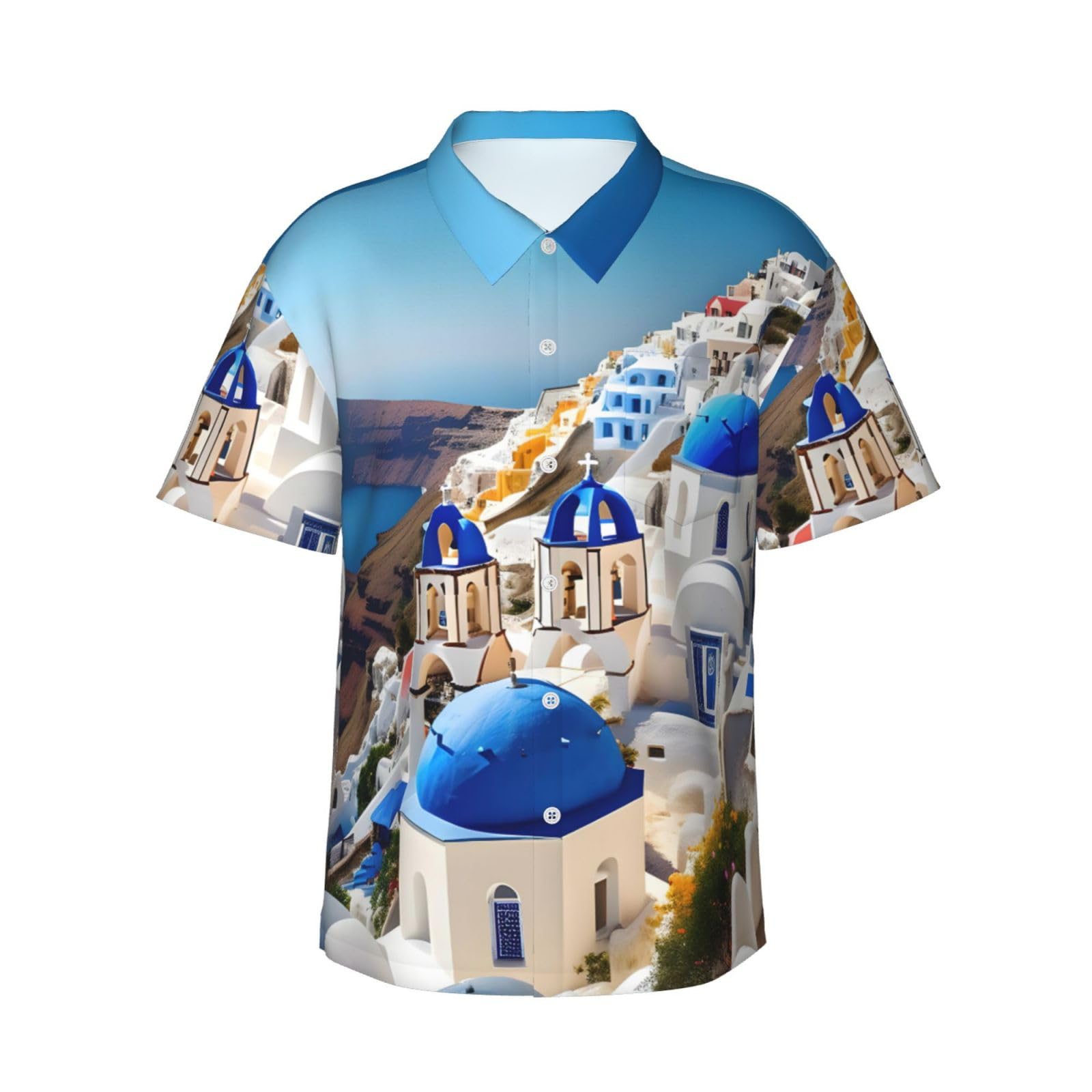 Kljnmbb Men's Black Santorini Greek Island Sea View Print Hawaiian Shirt Soft For Short Sleeve Button Down Shirt For Beach Vacation