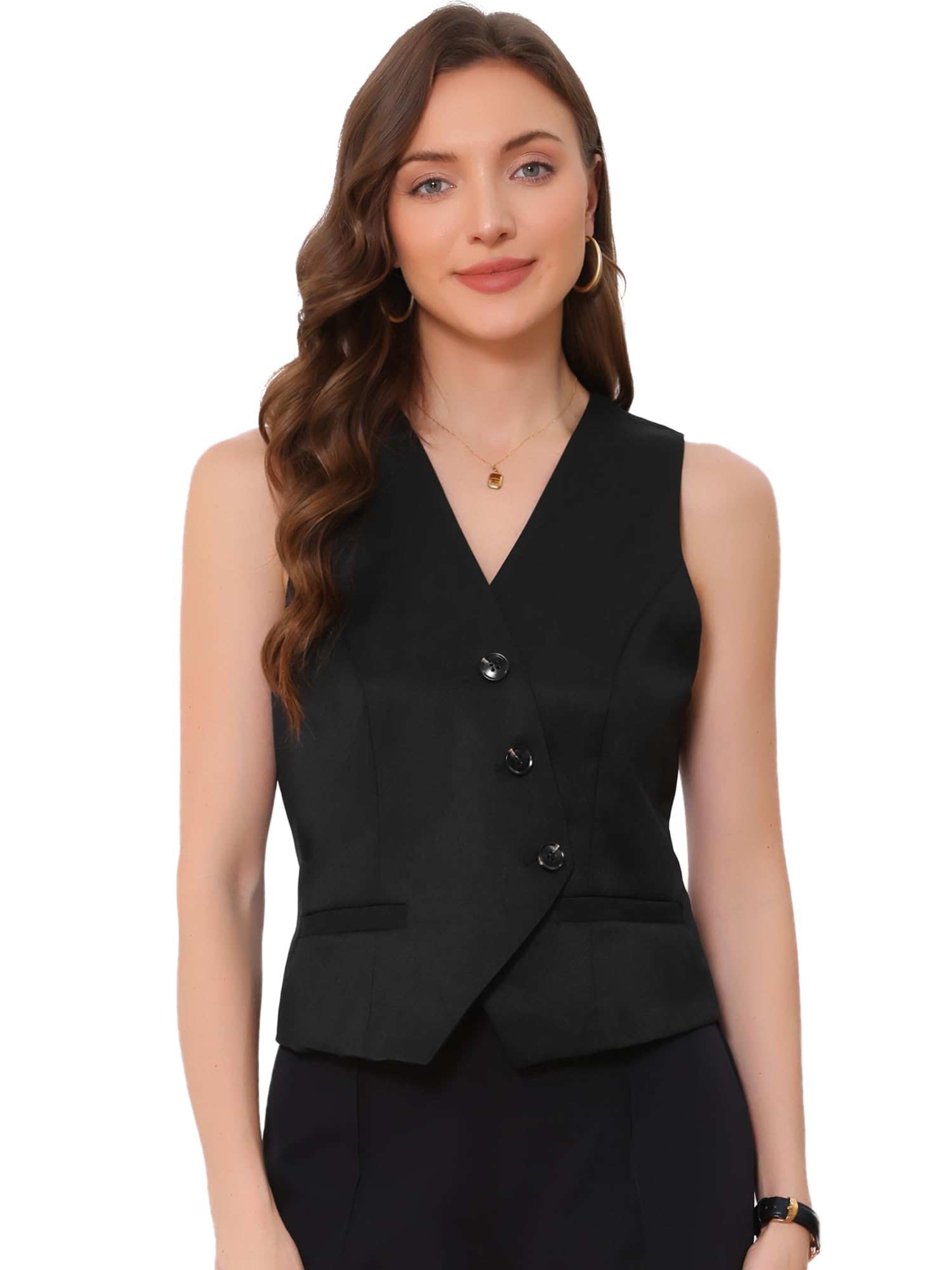 Allegra K Blazer sans Manches Femme Gilet de Costume d'affaires avec Ceinture au Dos Col en V Boutonné Veste Court de Bureau
