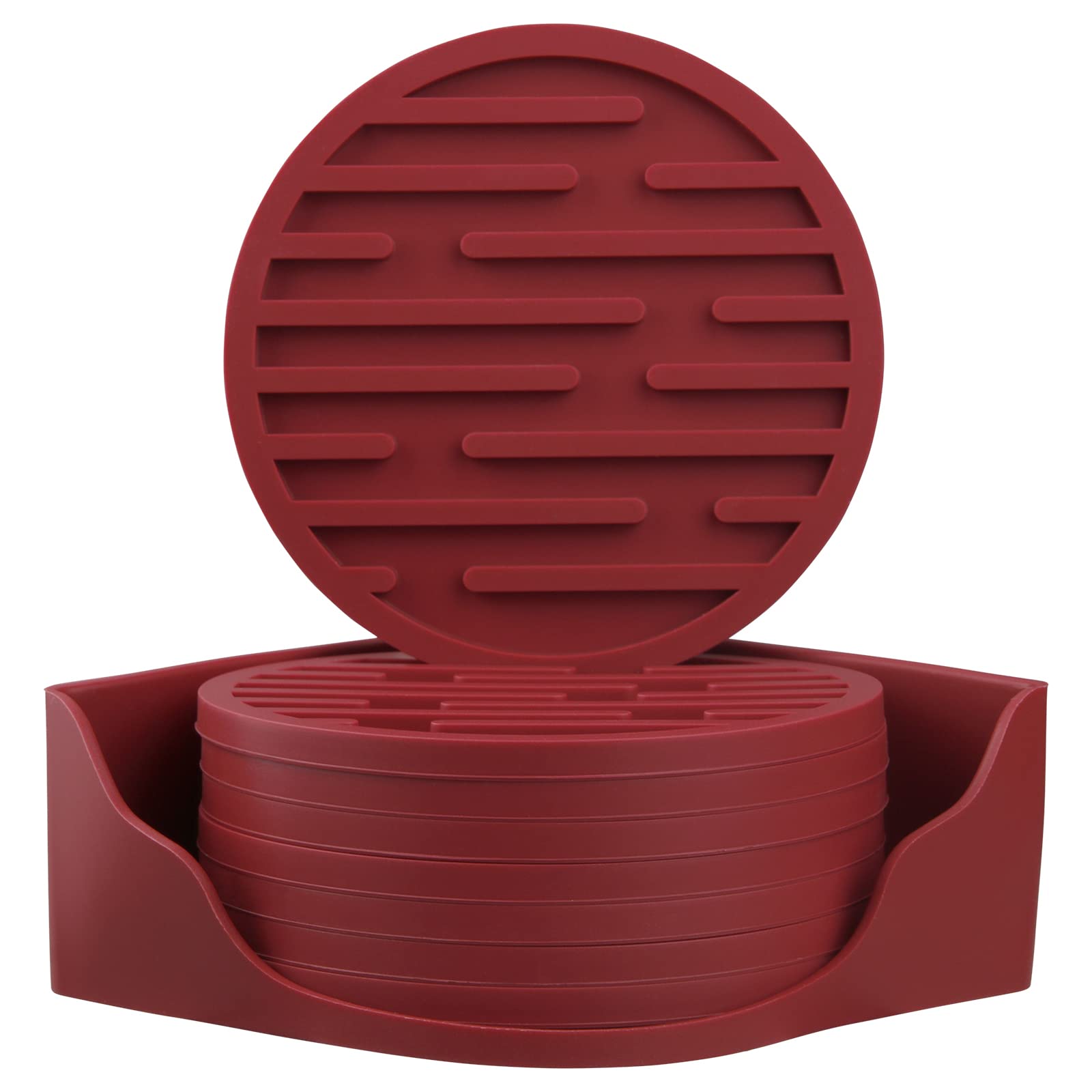 Smithcraft Silicone Drink Coasters for Coffee Wood Table, Set of 8 with Holder, Funny Coasters Mats for Bar, Suitable for All Kinds of Cups and Glasses - Burgundy
