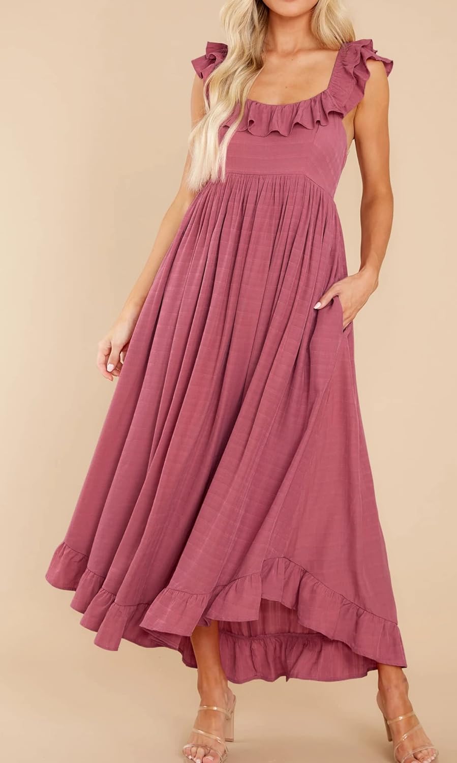 R.Vivimos Summer Dress for Women Sleeveless Boho Ruffle Square Neck Tie Back Casual Backless Flowy Midi Dress - Image 2